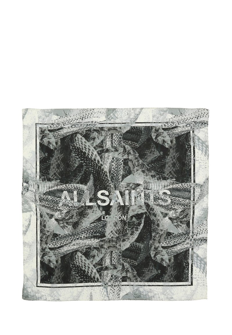 Foulard quadrato con stampa di serpente in bianco e nero e logo centrale "ALLSAINTS LONDON". Tessuto leggero con una texture liscia.