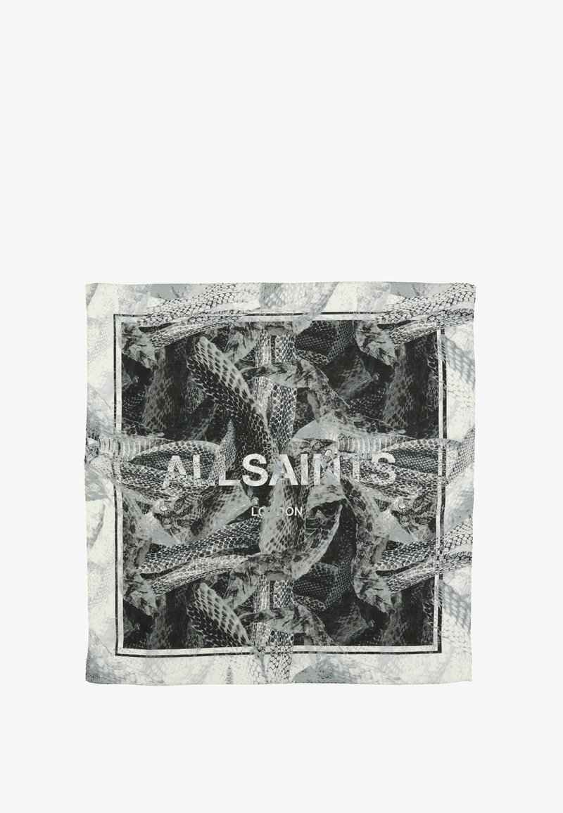 Vierkante sjaal met een monochrome slangprint en een centraal "ALLSAINTS LONDON" logo. Lichte stof met een gladde textuur.