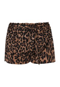 Leopard mintás rövidnadrág barna és fekete mintázattal, rugalmas derékkal és elülső kötődéssel. Simább anyag textúra.