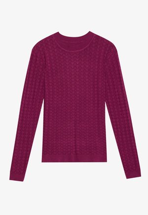 Pull en tricot de couleur magenta profond avec un motif texturé et un col rond côtelé. Manches longues et silhouette ajustée.