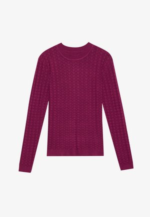 Knit sweater in deep magenta featuring a textured pattern and ribbed crew neck. Long sleeves and a fitted silhouette.