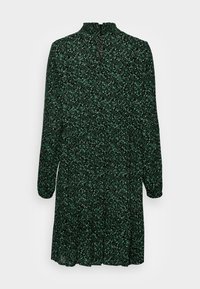 Robe longue à manches longues vert foncé avec imprimé floral noir et vert clair, col montant et jupe à volants, vue de dos.