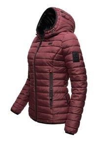 Burgundy padded jacket with a hood, black zippers, and side pockets. Textured fabric with horizontal quilting and a logo patch on the sleeve.