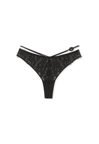 Black lace thong with intricate patterns, featuring thin elastic straps and a high-cut design, showcasing a delicate texture and detail.