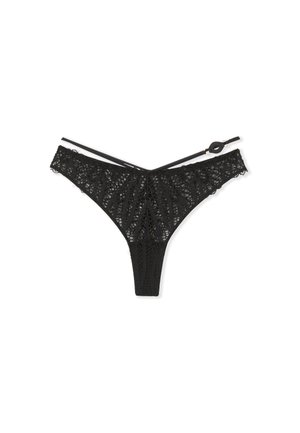 Zwarte kanten string met ingewikkelde patronen, voorzien van dunne elastische bandjes en een hoog uitgesneden ontwerp, dat een delicate textuur en details benadrukt.
