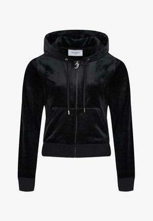 Black velvet zip-up hoodie with a drawstring hood, front pockets, and ribbed cuffs. Embroidered logo on the left chest. Soft texture.