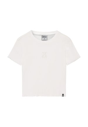 T-shirt bianca corta a costine con maniche corte, caratterizzata da un piccolo logo tonale sul petto e dettagli a taglio vivo sull'orlo.