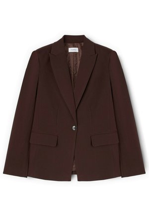 Donkerbruine blazer met één knoop, notched revers, lange mouwen, twee klepzakken aan de voorkant en een patroon binnenvoering.