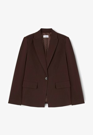 Dunkelbrauner Ein-Knopf-Blazer mit Kerbkragen, langen Ärmeln, zwei vorderen Pattentaschen und gemusterter Innenseite.