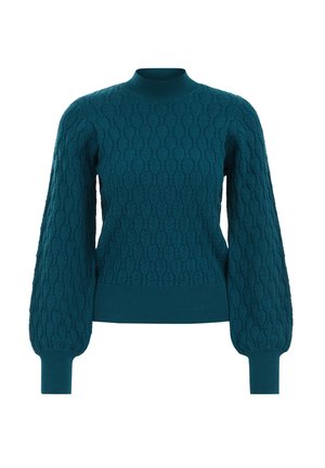 Maglione lavorato a maglia color teal con colletto alto, motivo testurizzato e maniche a palloncino. Presenta polsini e orlo a coste per una vestibilità aderente.