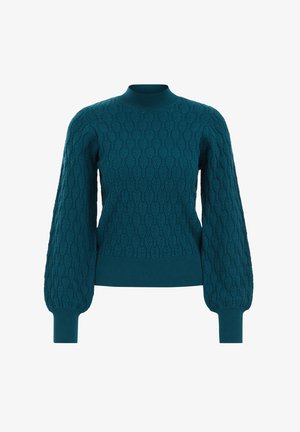Tirkizno pleteni pulover z visokim ovratnikom, teksturiranim vzorcem in balonastimi rokavi. Ima rebraste manšete in spodnji rob za prijetno prileganje.
