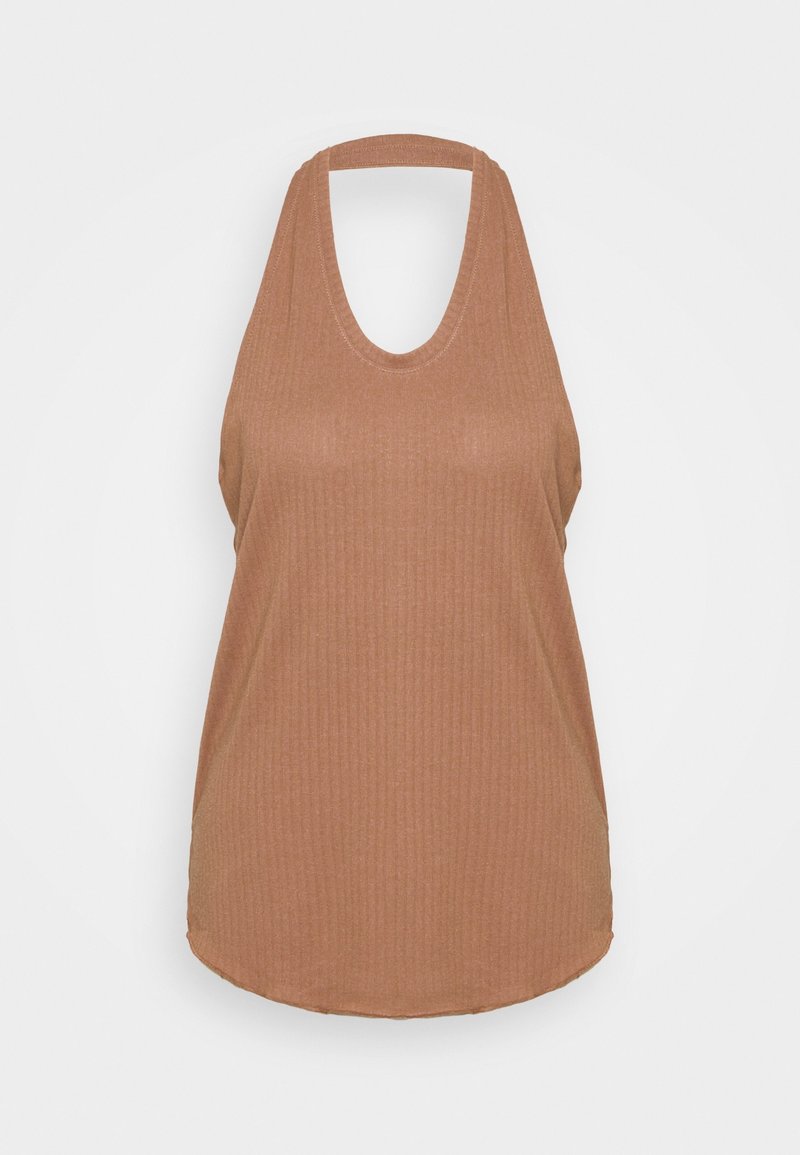 Débardeur côtelé sans manches de couleur marron clair avec un col dégagé et un dos nageur, présenté sur un fond blanc.
