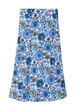 Wijd uitlopende rok van witte stof met een blauw en zwart bloemenpatroon. Soepele textuur en middellange design met een lichte A-lijn vorm.