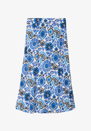 Wijd uitlopende rok van witte stof met een blauw en zwart bloemenpatroon. Soepele textuur en middellange design met een lichte A-lijn vorm.