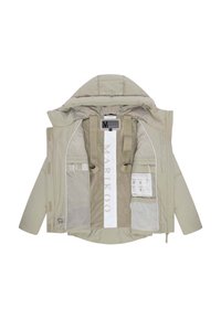 Beige gewatteerde jas met capuchon, geopend om de binnenkant te tonen met verstelbare riemen, een mesh zak en "MARIKOO" branding in de voering.