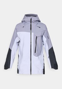 Αδιάβροχο εξωτερικό μπουφάν με κουκούλα, μπροστινό φερμουάρ, τσέπη στο στήθος με φερμουάρ και ρυθμιζόμενους ιμάντες στους καρπούς, σε γκρι, λευκό και μαύρο χρώμα.