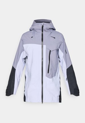 Vodoodporna zunanja jakna s kapuco, sprednjim zadrgo, žepom na prsih z zadrgo in prilagodljivimi zapestnimi trakovi v sivi, beli in črni barvi.