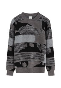 Pull en tricot avec un motif géométrique dans des nuances de gris et de noir. Présente des accents texturés et un col rond avec des poignets côtelés.