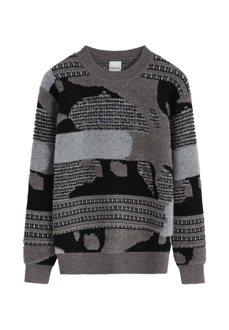 Pull en tricot avec un motif géométrique dans des nuances de gris et de noir. Présente des accents texturés et un col rond avec des poignets côtelés.