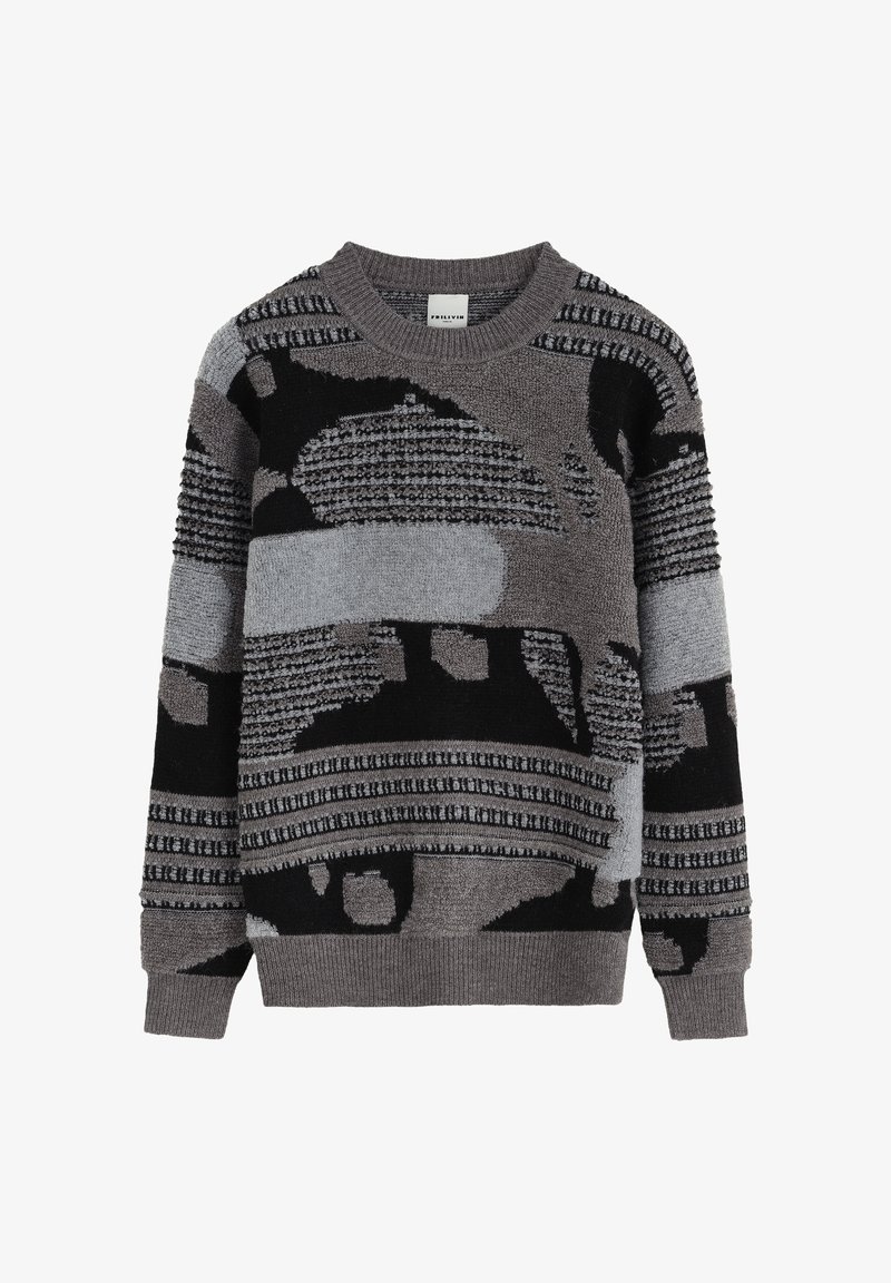 Pull en tricot avec un motif géométrique dans des nuances de gris et de noir. Présente des accents texturés et un col rond avec des poignets côtelés.