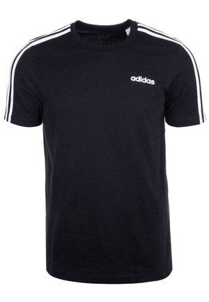 Black Adidas short-sleeve t-shirt with crew neck, white three stripes along shoulders and sleeves, and small white Adidas logo on chest.