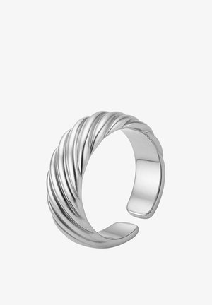 Pulsera de puño abierta de plata con un diseño de cuerda retorcida y superficie interior pulida y lisa.