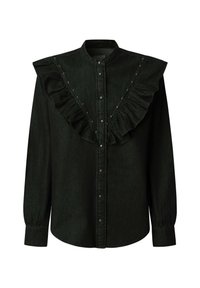 Čierna denimová košeľa s volánovým predným dizajnom, doplnená dekoračnými cvokmi pozdĺž volánu a gombíkmi v strede. Dlhé rukávy.