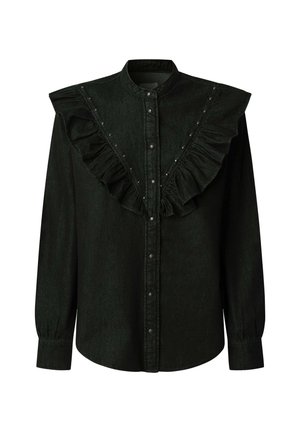 Juoda džinsinė marškinėliai su raukiniais priekyje, papuošti dekoratyvinėmis vinutėmis palei raukinius ir mygtukus centre. Ilgos rankovės.