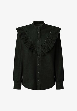 Camicia di denim nero con design frontale arricciato, decorata con borchie lungo l'arricciatura e bottoni al centro. Maniche lunghe.