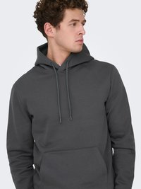 Gray pullover hoodie made of soft fabric, featuring a front pocket, adjustable drawstring hood, and ribbed cuffs.