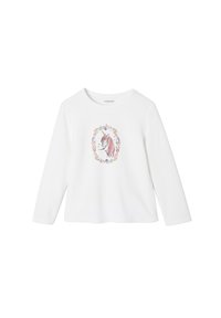 Long-sleeve white cotton shirt featuring a unicorn illustration surrounded by flowers, with a round neckline and soft texture.