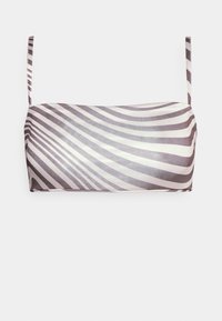 Top de bikini bandeau com alças finas, apresentando um padrão de listras onduladas em tons de cinza e creme, feito de material suave e leve.
