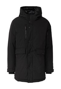 Schwarze isolierte Parkajacke mit abnehmbarem Kapuzen, Reißverschluss- und Druckknopfverschlüssen, zwei Fronttaschen und strukturiertem Stoff.