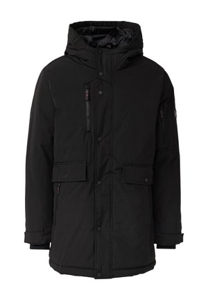 Mustamugane isolatsiooniga parka jakk eemaldatava kapuutsi, lukuga ja nupuga kinnitustega, kahe esiosa tasku ning tekstureeritud kangaga.