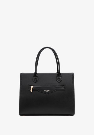 Borsa tote in pelle nera con due manici, tasca anteriore con zip e finitura testurizzata. Dettaglio del logo dorato sulla zip. Forma strutturata.