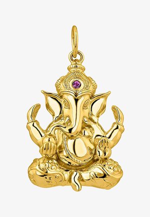 Colgante de Ganesh en oro con intrincados detalles, trompa prominente y múltiples brazos, presenta una gema púrpura en la corona. Acabado pulido.