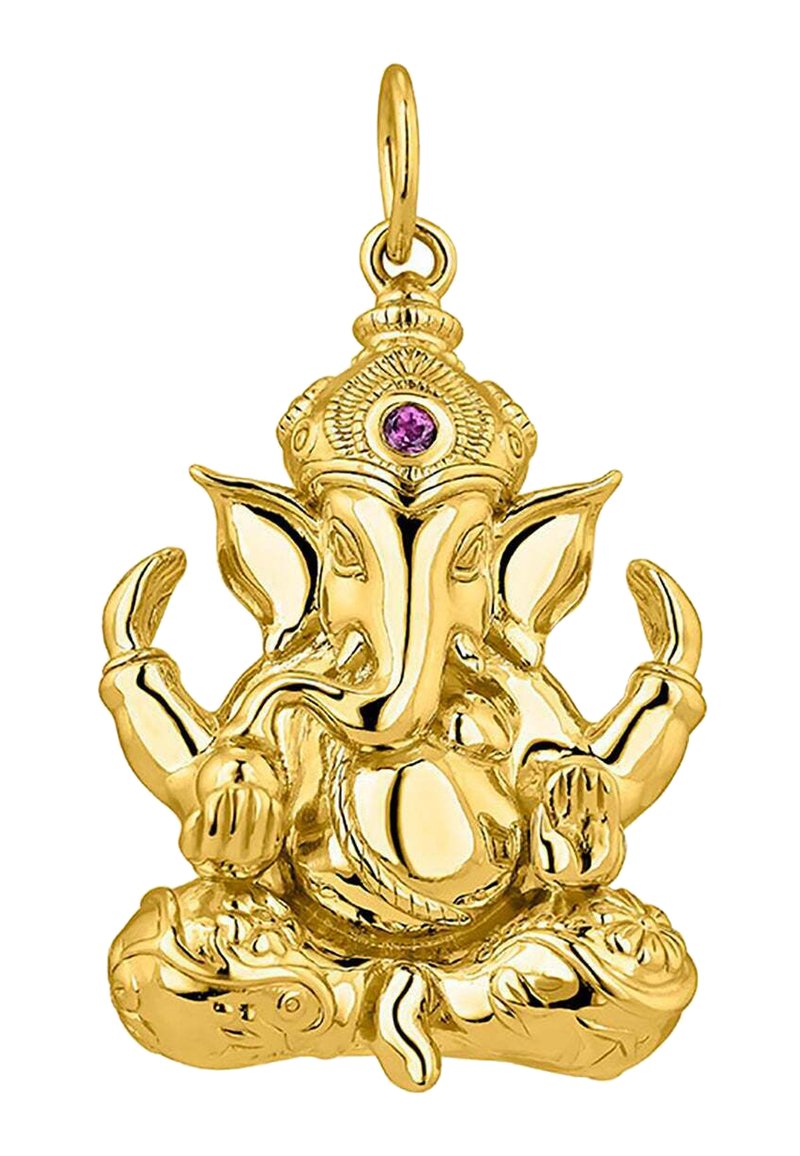 Colgante de Ganesh en oro con intrincados detalles, trompa prominente y múltiples brazos, presenta una gema púrpura en la corona. Acabado pulido.