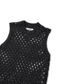 Maglia nera senza maniche in maglia, con un collo rotondo a coste e un motivo a traforo arricchito da paillettes.