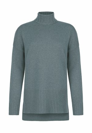 Hellblau-grüner Rollkragenpullover aus weichem Strickstoff, mit gerippten Akzenten am Kragen und Saum, in lockerer Passform und mit Seitenschlitzen.