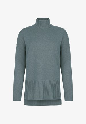 Lys blå-grøn turtleneck trøje i blødt strikstof, med ribbede detaljer ved kraven og kanten, i en afslappet pasform med sideslidser.