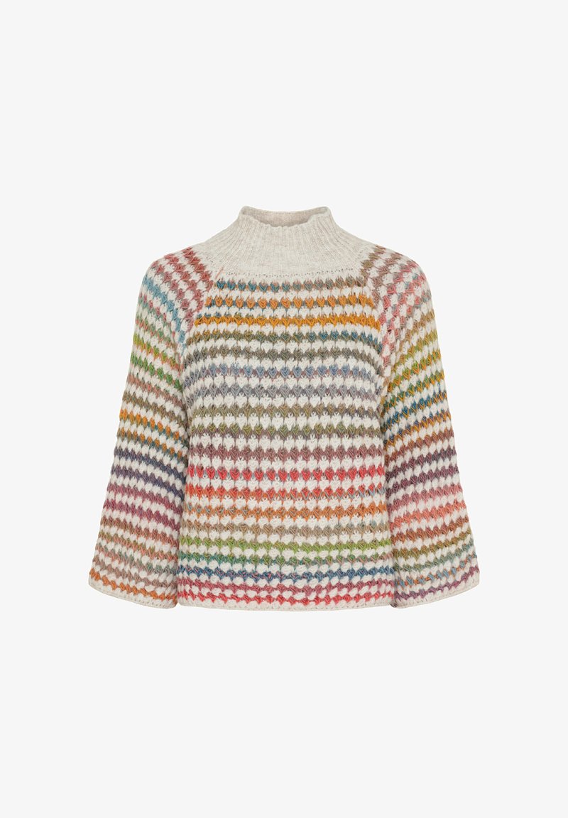 Strikket sweater med høj hals og lange ærmer, præget af et flerfarvet vandret diamantmønster på cremefarvet baggrund.