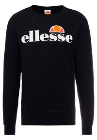 Sudadera negra de manga larga con el logo blanco de "ellesse" y un diseño de semicírculo naranja en el pecho, con puños y dobladillo acanalados.