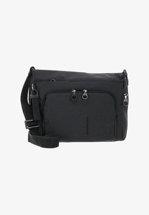 Black messenger bag made of durable fabric, featuring a flap, adjustable strap, and two zippered pockets on the front for storage.