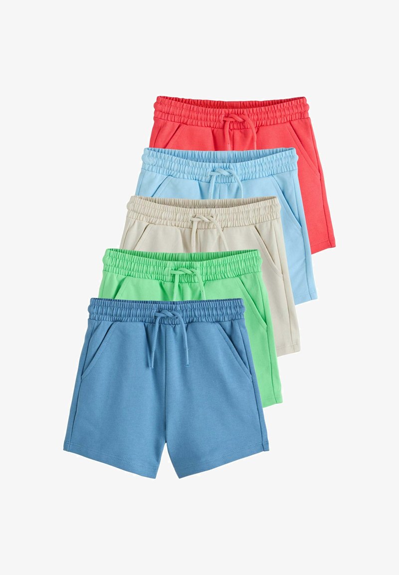 Cinq paires de shorts à taille élastique avec cordons de serrage en rouge, bleu clair, beige, vert et bleu foncé, empilées verticalement sur fond blanc.