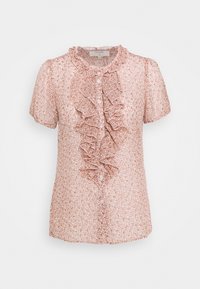 Blusa a maniche corte con motivo astratto rosa, colletto arricciato e chiusura con bottoni frontale con dettagli a ruffle a cascata.