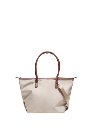 Beige Tragetasche mit braunen Ledergriffen und Besatz, mit Reißverschluss und verstellbarem beigen Schultergurt.