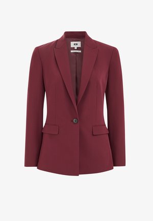 Burgunderfarbener Ein-Knopf-Blazer mit Reverskragen, zwei vorderen Taschen und taillierter Passform. Glattes Material mit klarer, strukturierter Silhouette.