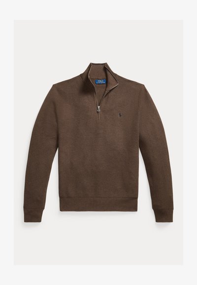 Καφέ πλεκτό πουλόβερ με μακριά μανίκια, φερμουάρ έως το ένα τέταρτο, ριμπ μανσέτες και τελείωμα, με μικρό κεντητό λογότυπο στο αριστερό στήθος.