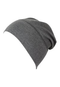 Gray beanie hat made of soft, stretchy fabric. Features a tapered design with a slouchy fit and seam details along the crown.