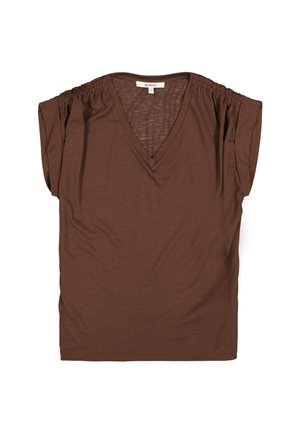 Bruin V-hals T-shirt met korte, gerimpelde mouwen, gemaakt van zachte stof. Losse pasvorm, gladde textuur en eenvoudig ontwerp.